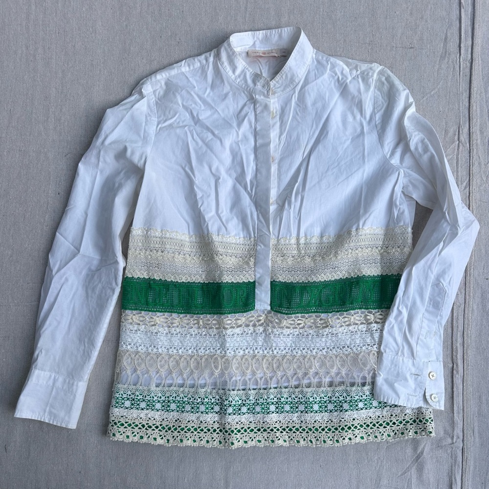 Tory Burch Exquisite White Blouse with virtuous words in lace details - size S